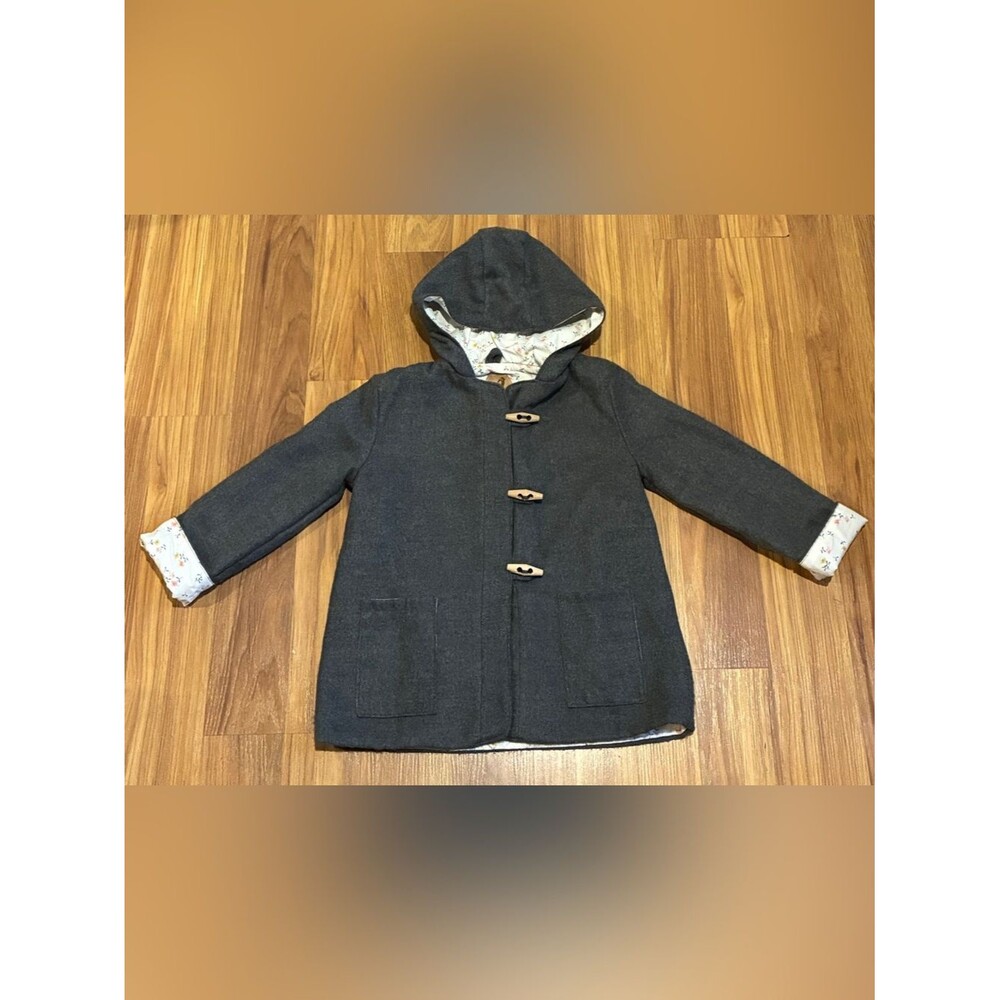 Tate & Adele Handmade Recycled Wool Noa Pea Coat - Size 5T - Dark Grey / Floral